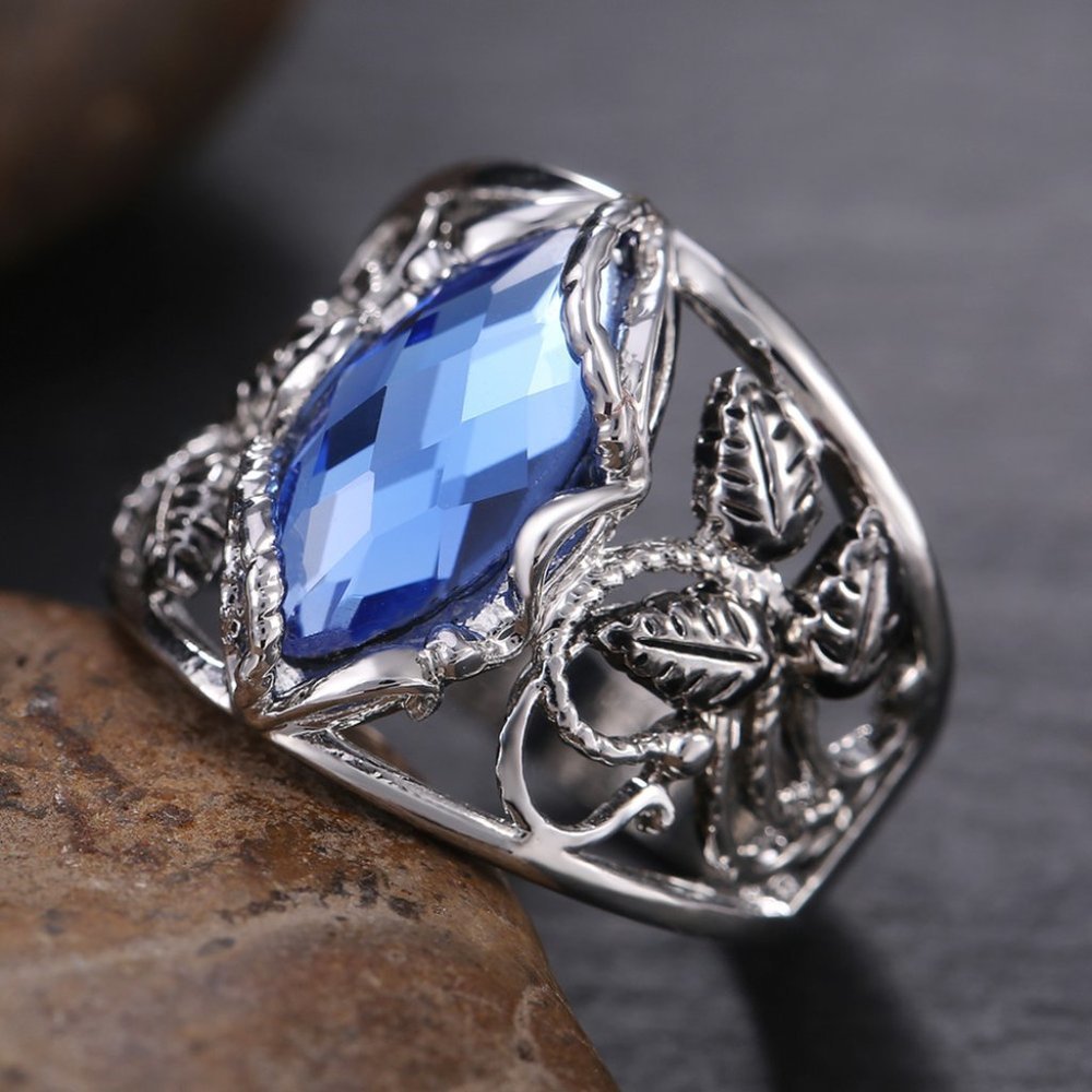 Double Layer Blue Marquis Carved Zircon Vintage Rings for Women, PD010